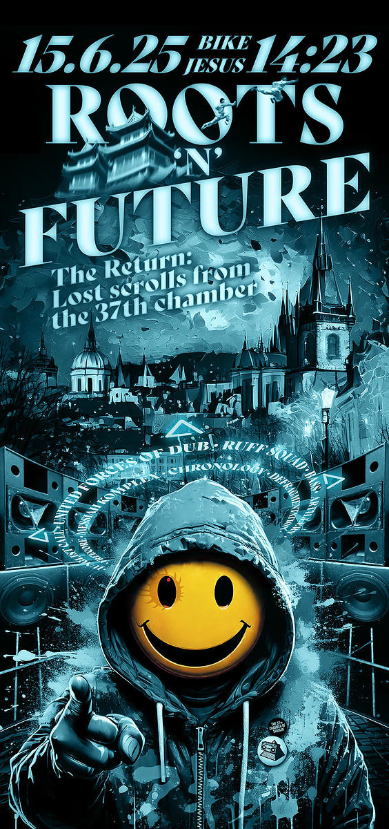 Flyer inviting to party on 15.06.2026 at Bike Jesus club Prague, starting at 14:23