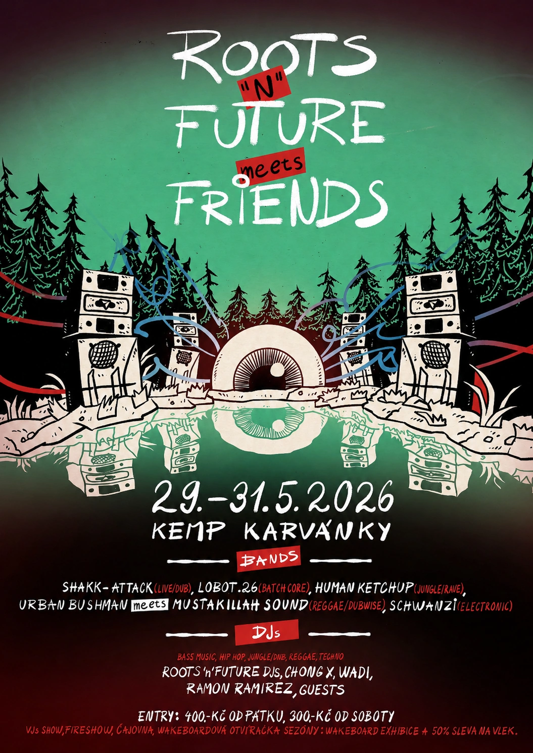 Flyer inviting to weekend party on 29-31.05.2026 at camp Karvanky Czech republic.